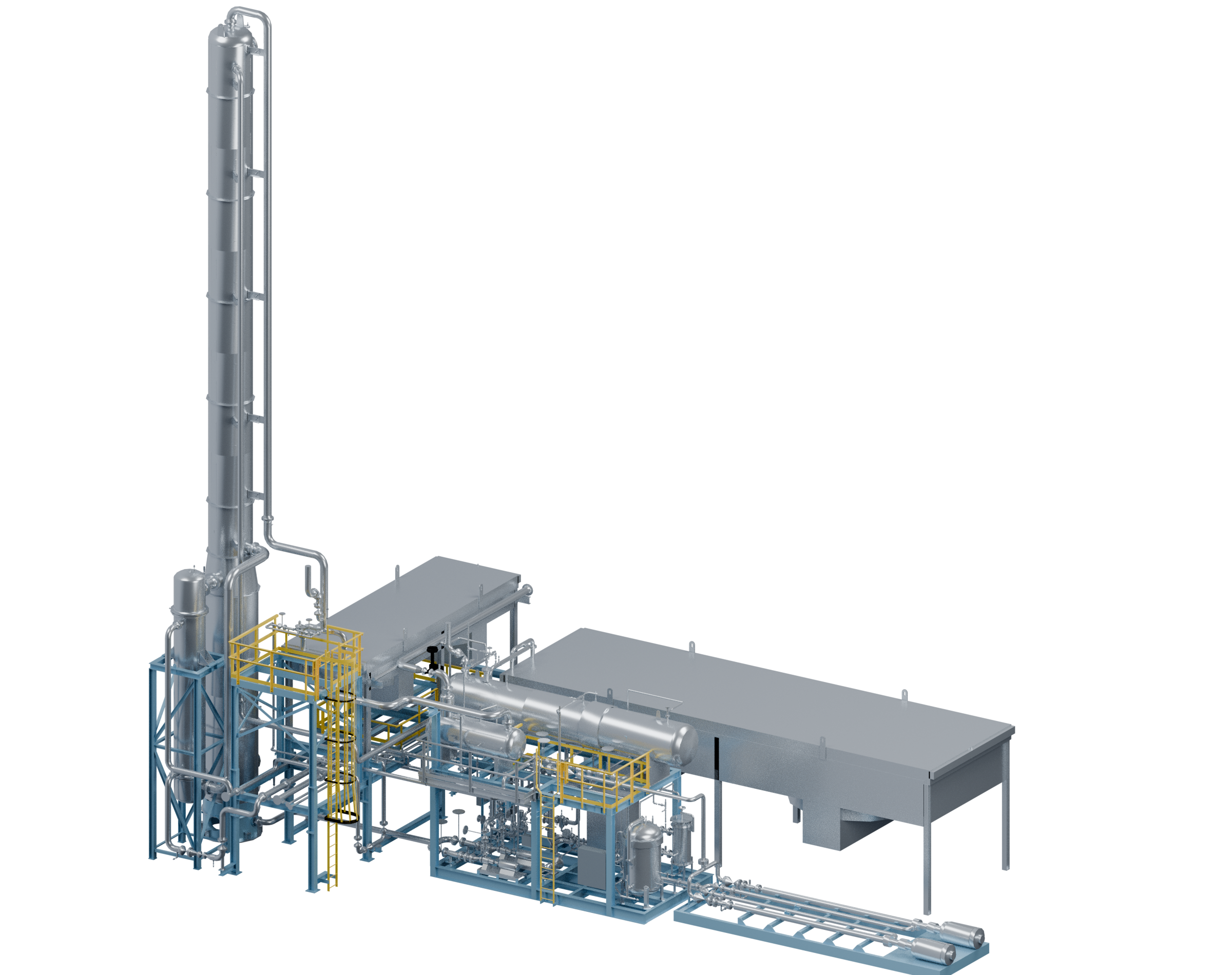 Amine regeneration unit with pale blue structural steel, metallic equipment and yellow access systems